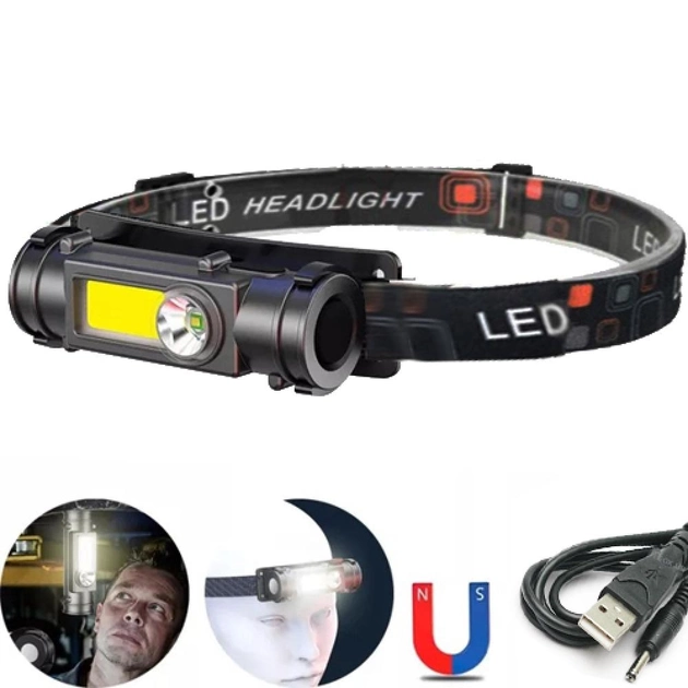 Маленький ліхтар налобний Police GL-211-ХРЕ-COB від USB з магнітом, вбудований акумулятор