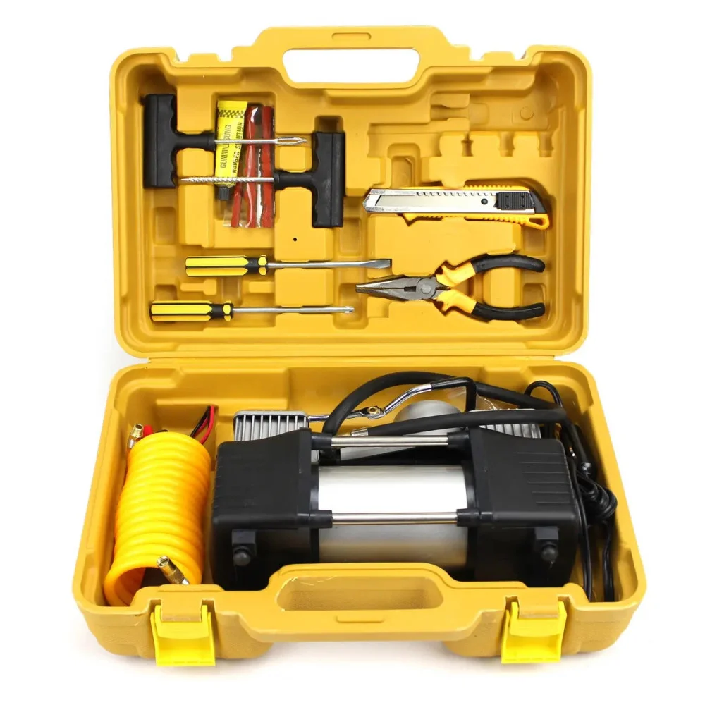 Автомобильный двухпоршневый компрессор с набором инструментов в кейсе YELLOW