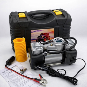 Компресор автомобільний двопоршневий у пластиковому кейсі + кручений шланг GREY