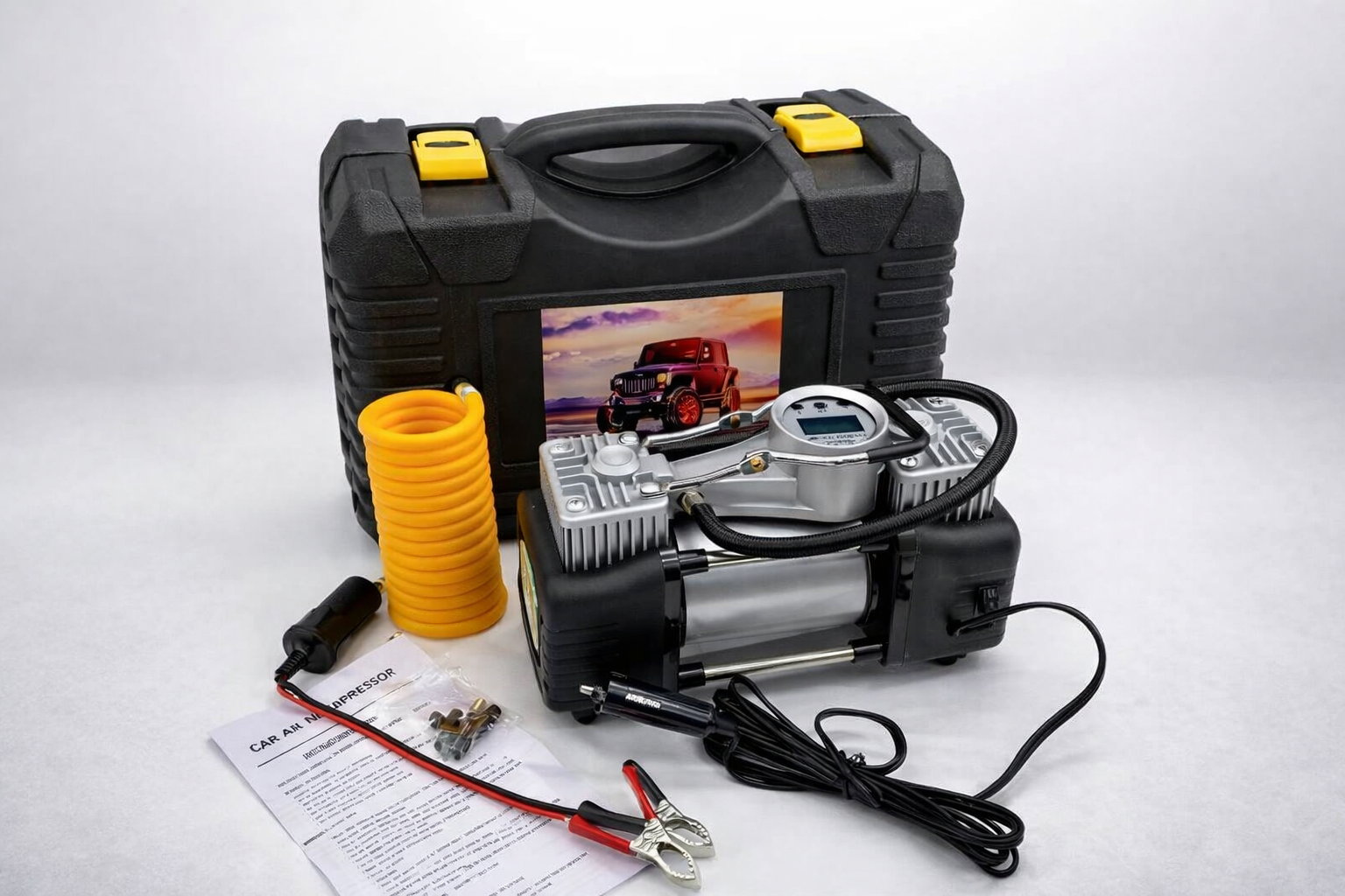 Компресор автомобільний двопоршневий у пластиковому кейсі + кручений шланг GREY
