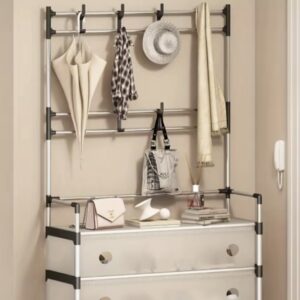 NEW Залізна вішалка для одягу + підставка для взуття, 2 в одному, 4 полиці Бежева