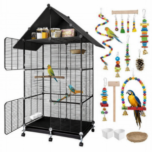 Металева клітка для птахів на колесах з аксесуарами 82х37х37см KP-82