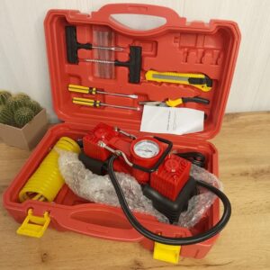 Компресор автомобільний двопоршневий у пластиковому кейсі + кручений шланг Червоний