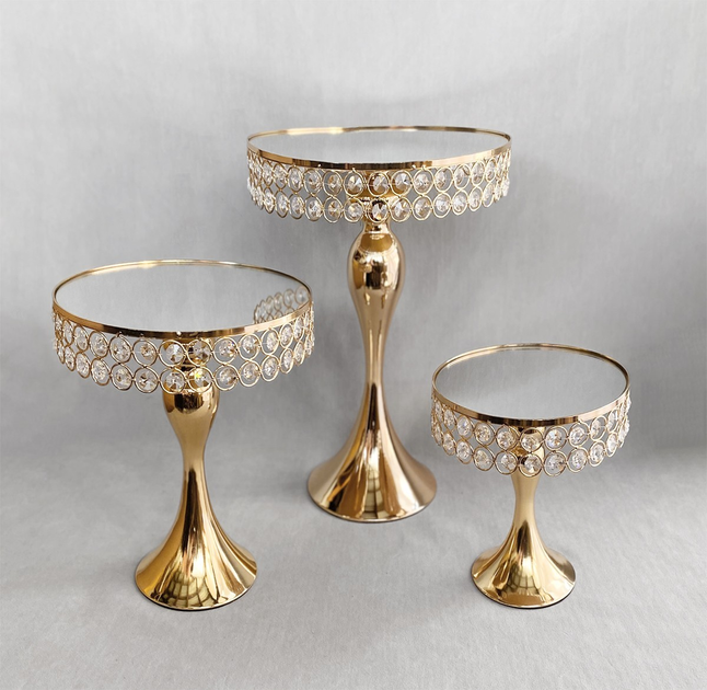 Набір із 3 підставок для десертів із кристалами 16412-4 Золото Десертні підставки з дзеркалом