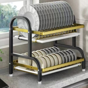 Сушарка для посуду з піддоном / Органайзер на кухню для миття посуду метал R2F-43см Чорний з золотим