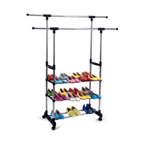 Вішалка-стійка з полицями для взуття, подвійна телескопічна для одягу WJF002 130 х 45 х 160 см