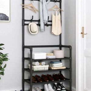Залізна вішалка для одягу + підставка для взуття, 2 в одному, 4 полиці “Multi-functional shoe and hat rack” Чорна