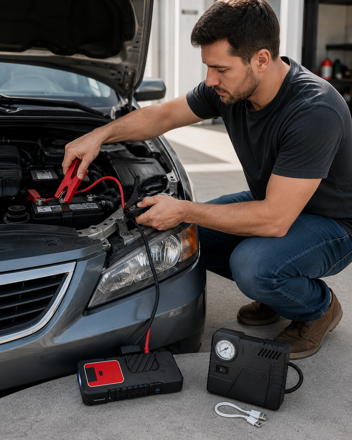 Автомобільний пусковий пристрій для акумулятора JUMP STARTER 69800mah + Компрессор / Пусковий пристрій для авто / Бустер