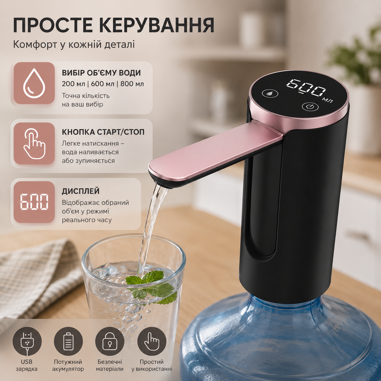 Сенсорна електрична помпа для бутильованої води / Акумуляторний насос для води / Диспенсер для води на USB