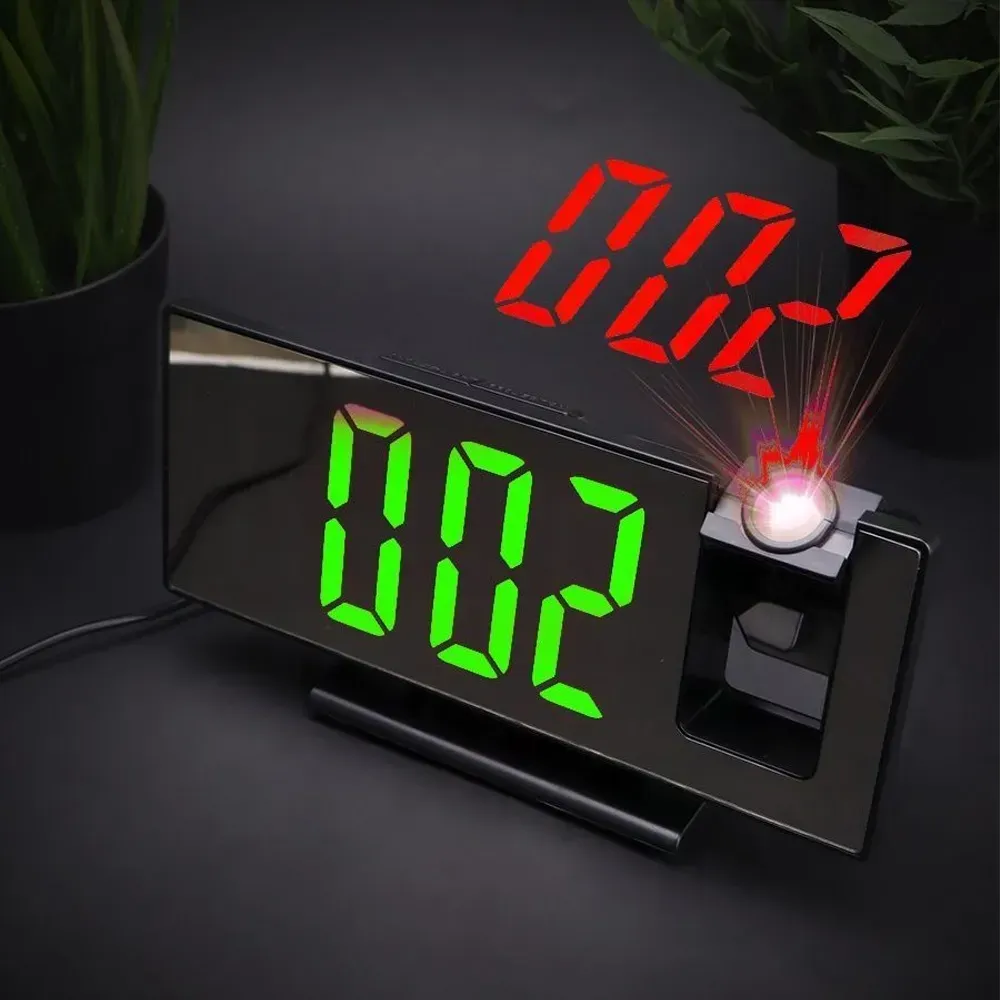 Дзеркальний годинник з проектором часу 3618LP настільний електронний з будильником, календарем та вбудованим термометром ∙ Зелене підсвічування