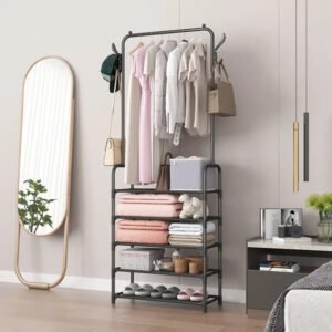 Вішалка для одягу з полицями для взуття Clothes Rack Up / Металева підлогова стійка 170×60×26 см
