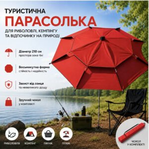 Червона Парасолька туристична з чохлом 210 см / Восьмикутна парасолька для риболовлі, кемпінгу та пляжу