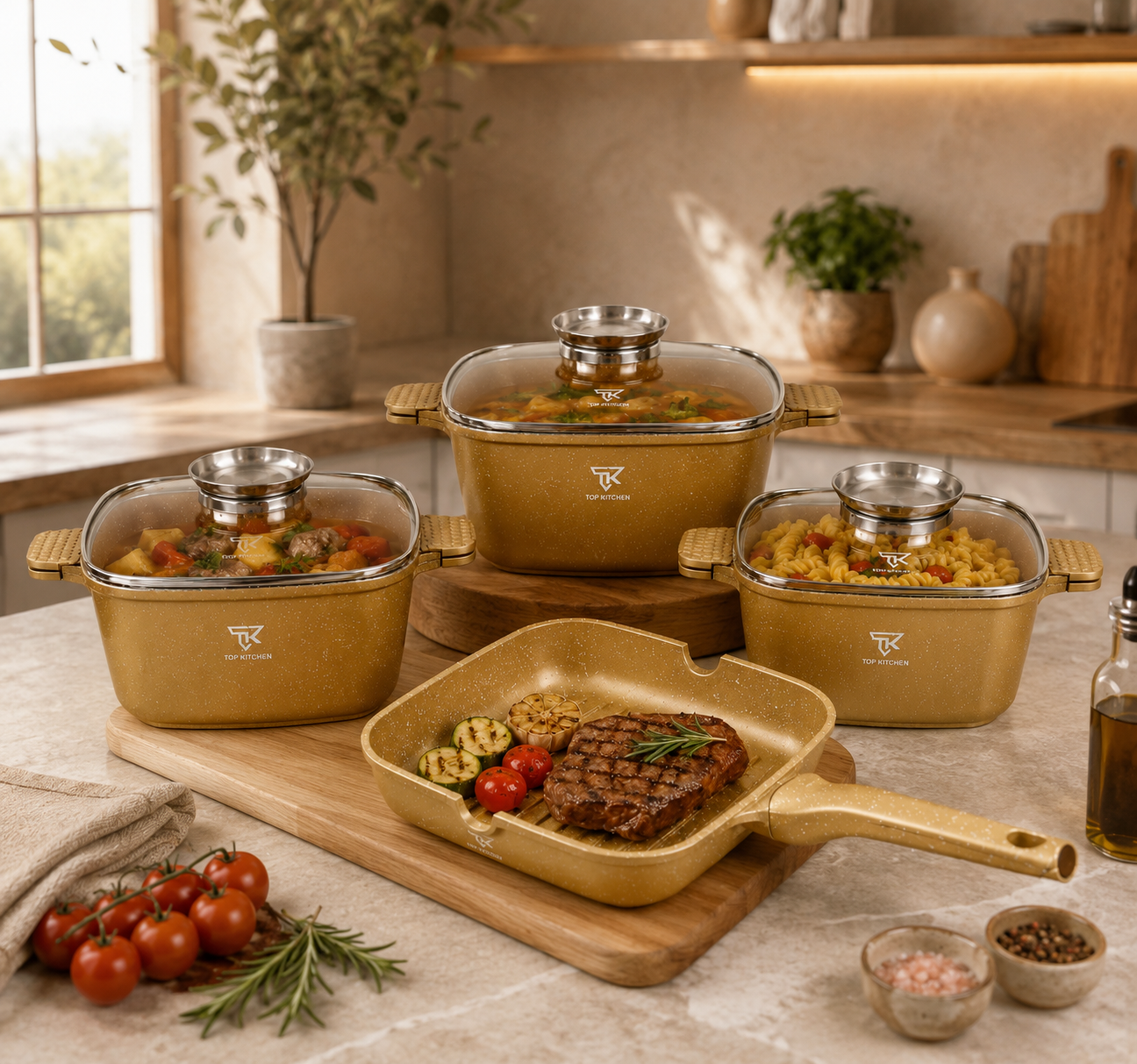 Золотий Набір посуду з гранітним покриттям Top Kitchen TK000103 3 каструлі + сковорода-гриль