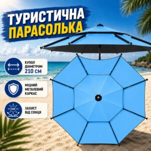 Блакитна Парасолька туристична з чохлом 210 см / Восьмикутна парасолька для риболовлі, кемпінгу та пляжу