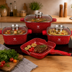 Червоний Набір посуду з гранітним покриттям Top Kitchen TK000103 3 каструлі + сковорода-гриль