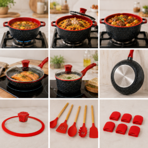 Чорний Набір посуду Top Kitchen TK00050L з мармуровим покриттям, 10 предметів + кухонне приладдя