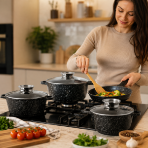 Чорний Набір каструль та сковорода Top Kitchen TK-00076 з антипригарним покриттям 7 предметів + 6 силіконових прихваток