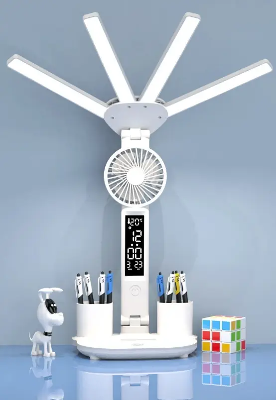 Акумуляторна LED лампа / Настільна лампа 3в1 з акумулятором 3200мАч та USB-дисплеєм / Акумуляторна LED лампа-органайзер з вентилятором та годинником