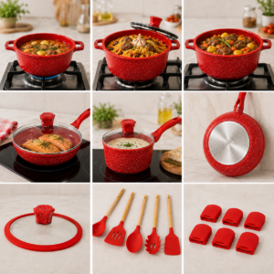 Червоний Набір посуду Top Kitchen TK00050L з мармуровим покриттям, 10 предметів + кухонне приладдя